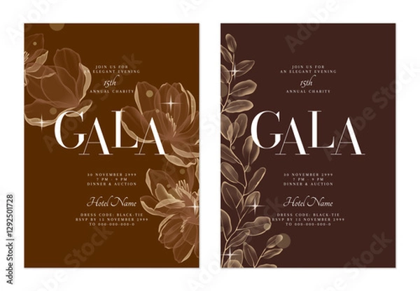 Obraz Charity gala dinner invitation features flowing, translucent flowers and leaves on rich brown and gold background, creating a sophisticated and classic