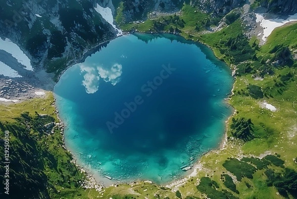 Fototapeta Aerial view of a pristine, circular lake surrounded by lush greenery and mountainous terrain, reflecting the sky above.