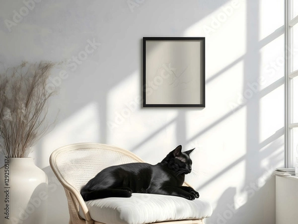 Fototapeta small black cat sleeping in modern livinroom art poster on the wall calming colors bright photorealist picture taken using cannon E70 camera