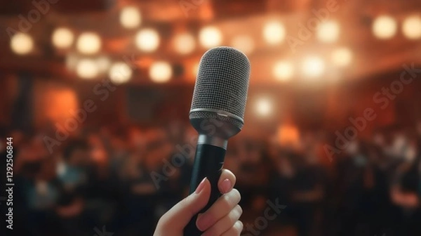 Fototapeta Microphone Held in Hand in Conference Setting