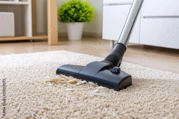Fototapeta Vacuum cleaner removes paper pieces from carpet, close-up view of cleaning process in a room.