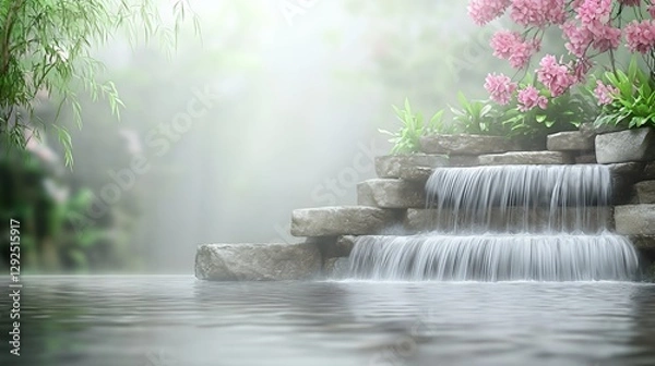 Obraz Serene Waterfall Cascading Over Rocks in Misty Garden