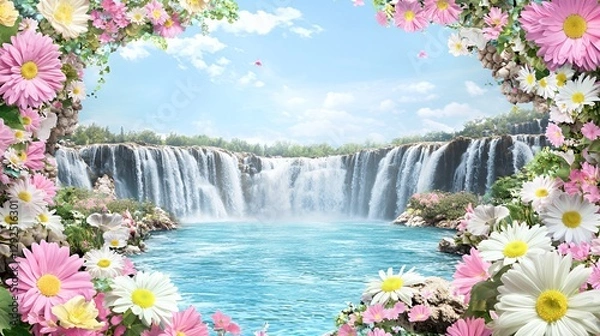 Obraz Serene Waterfall Framed by Blooming Daisies