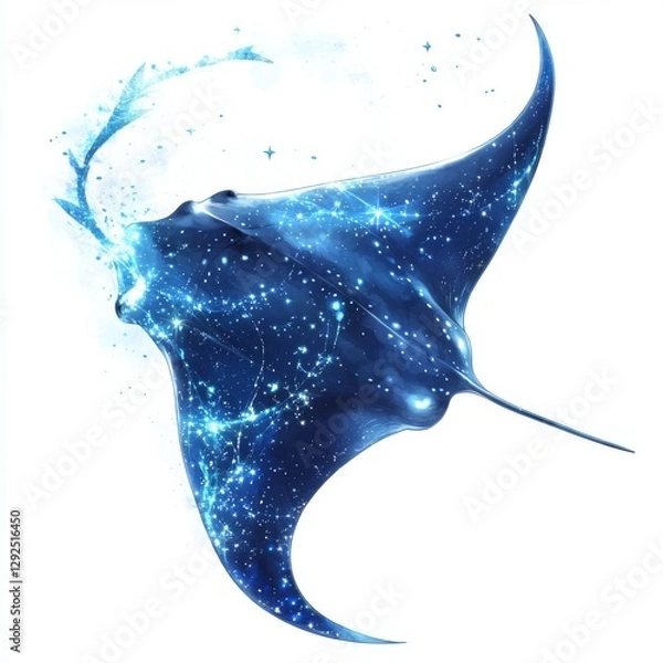 Obraz Abstract manta ray swimming through a cosmos of stars and galaxies, illuminated in bright blue and white hues, artistic design
