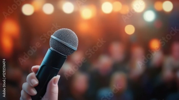 Fototapeta Close Up Microphone in Hand on Stage with Audience Background