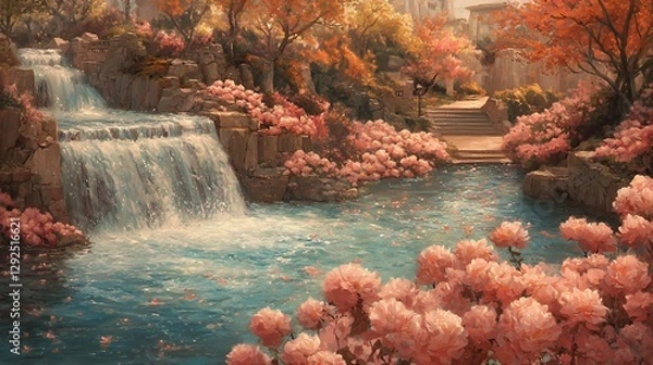 Obraz Serene Waterfall Garden with Pink Blossoms and Autumn Leaves