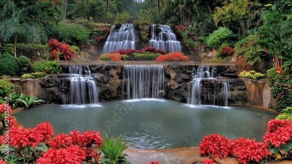 Obraz Serene Waterfall Garden with Red Flowers and Lush Greenery
