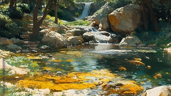 Obraz Serene Waterfall in Lush Forest Landscape