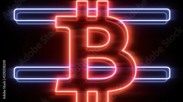 Obraz Glowing neon Bitcoin symbol on a dark background