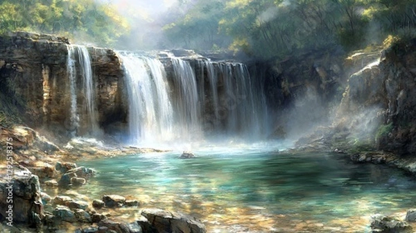 Obraz Serene Waterfall in Lush Forest Landscape