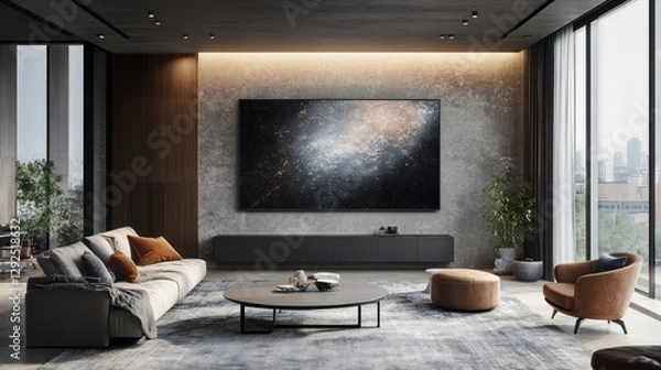 Fototapeta Modern Living Room Interior Design with Abstract Artwork and City View