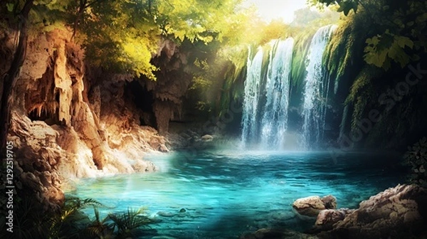 Obraz Serene Waterfall in Lush Green Forest