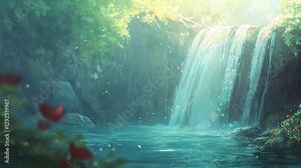 Obraz Serene Waterfall in Lush Green Forest Sunlight Landscape