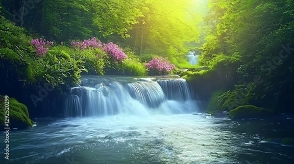 Obraz Serene Waterfall in Lush Green Forest with Pink Flowers