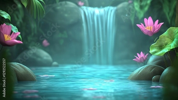 Obraz Serene Waterfall in Lush Tropical Jungle with Pink Lotus Flowers