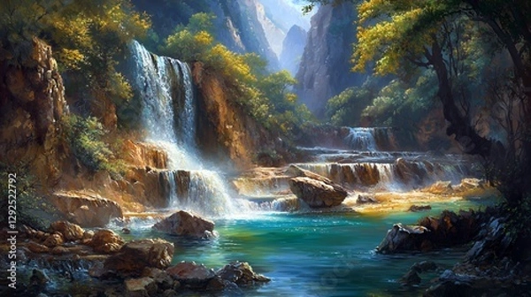 Obraz Serene Waterfall Landscape in Lush Forest