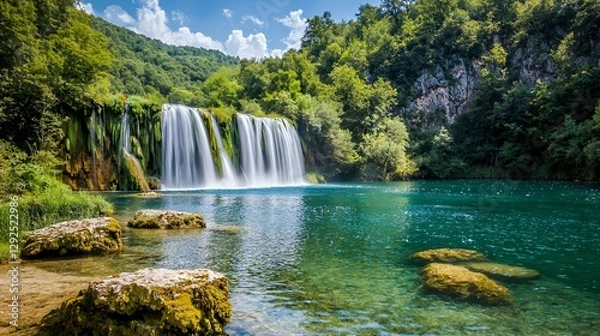 Obraz Serene Waterfall Landscape in Lush Green Forest