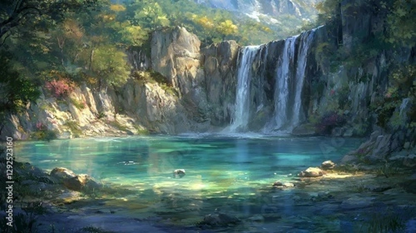 Obraz Serene Waterfall Landscape in Lush Green Forest