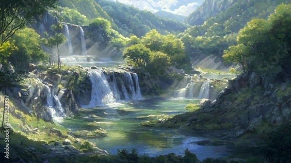 Obraz Serene Waterfall Landscape in Lush Green Valley