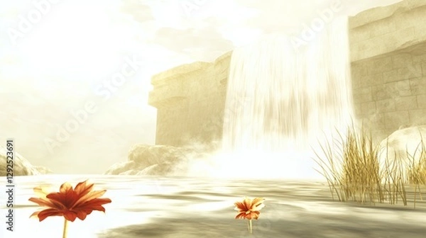 Obraz Serene Waterfall Landscape with Golden Light and Red Flowers