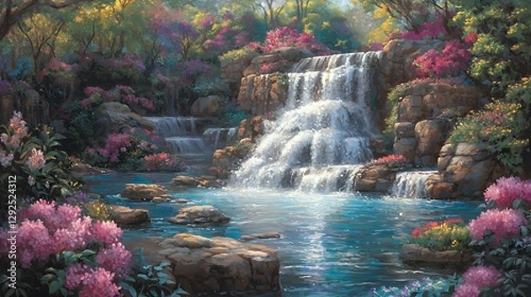 Obraz Serene Waterfall Landscape with Pink Flowers and Lush Greenery