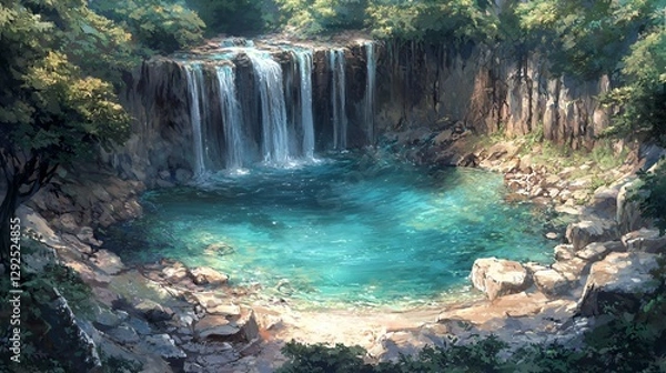 Obraz Serene Waterfall Pool in Lush Forest