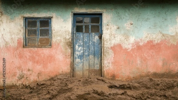 Fototapeta Mud-covered, weathered building facade with vibrant painted wall sections, and a blue door and windows.