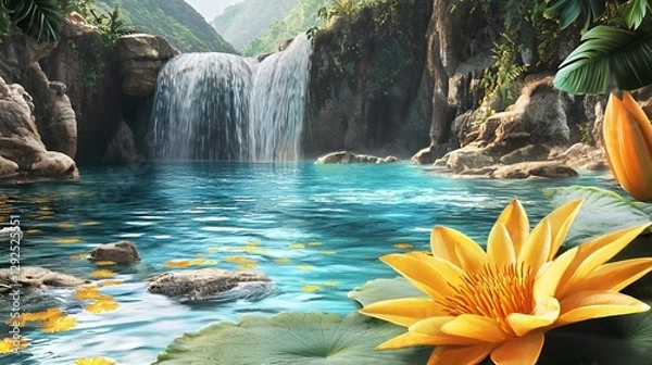 Obraz Serene Waterfall Pool with Yellow Flower in Lush Tropical Landscape