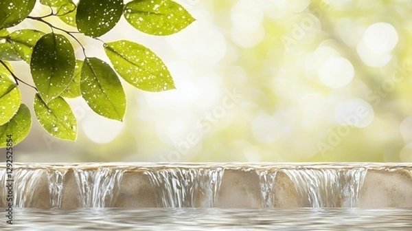Obraz Serene Waterfall Scene with Green Leaves and Soft Sunlight