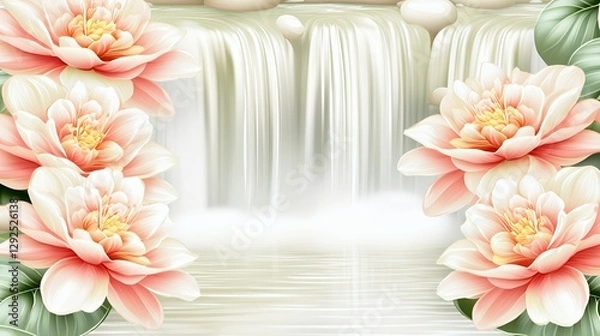 Obraz Serene Waterfall Scene with Pink Flowers and Soft Lighting