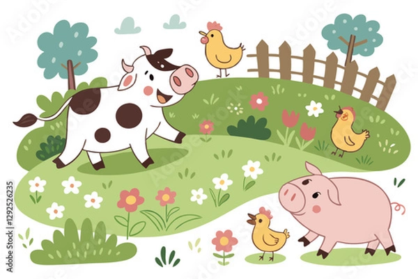 Obraz Cheerful farm animals enjoying a sunny day in a vibrant countryside with flowers and greenery