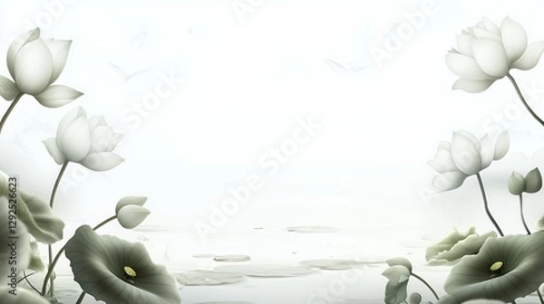 Obraz Serene White and Grey Lotus Flowers on Water Background