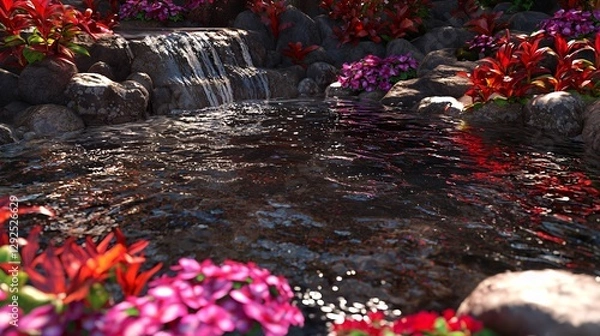 Obraz Serene Waterfall Scene with Vibrant Pink and Red Flowers