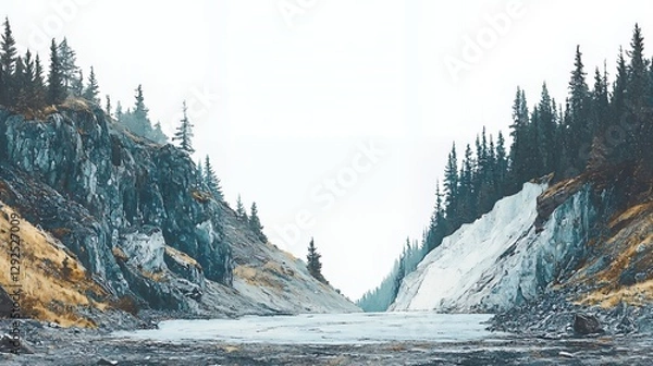 Obraz Serene Winter Landscape: A Cold River Valley Between Snow Dusted Mountains and a Coniferous Forest