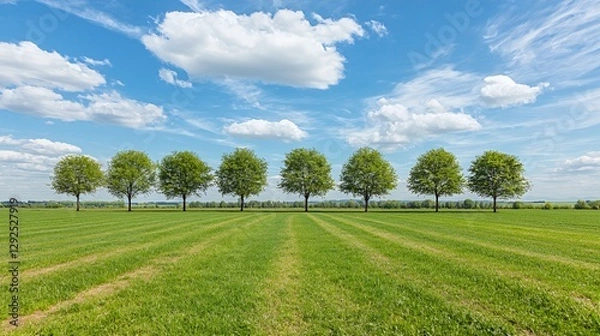 Obraz Seven Trees in a Row Across a Green Field Under a Blue Sky with Fluffy White Clouds