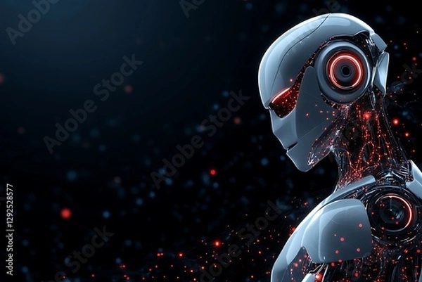 Fototapeta Futuristic robot with glowing red lights stares into darkness