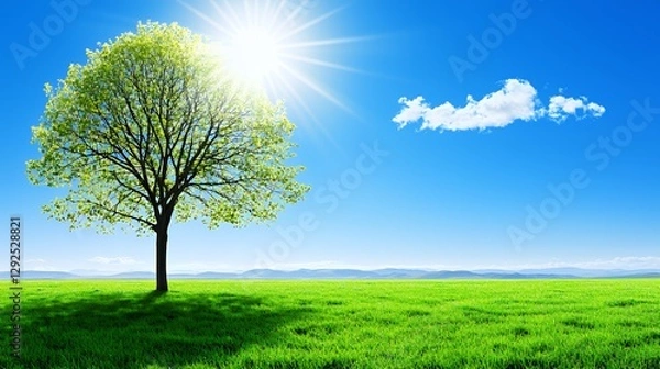 Obraz Single Deciduous Tree in Sunny Green Field under Bright Sky