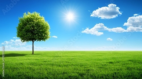 Obraz Single Green Tree in a Lush Green Field Under a Bright Sunny Sky