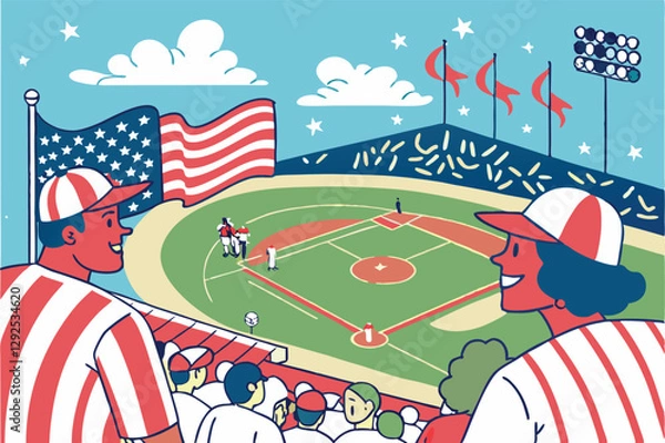 Obraz Crowd enjoys a sunny day at the baseball field while a player pitches under an American flag waving proudly