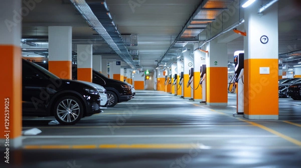Fototapeta Underground parking banner with isometric basement garage with cars, lots, columns and charger stations for electric vehicles. Vector landing page of auto parking in mall or city house