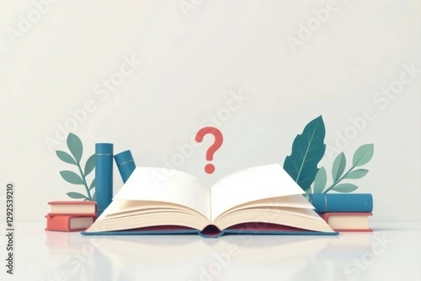 Fototapeta Open Book with Question Mark and Decorative Leaves Seeking Knowledge and Answers