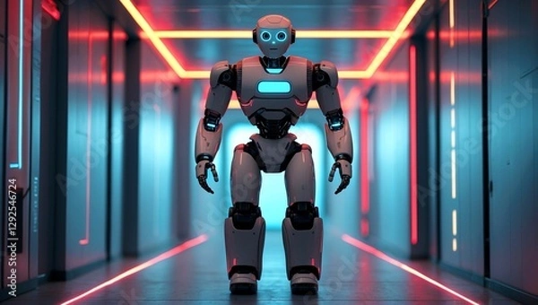 Fototapeta Futuristic robot striding through neon-lit corridor