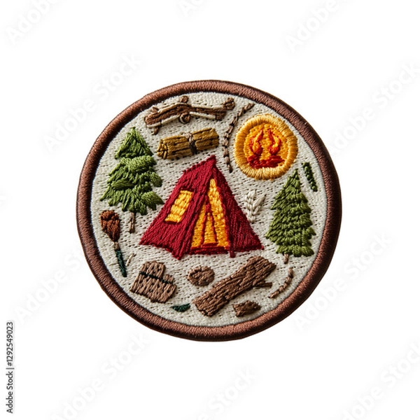 Fototapeta A circular embroidered patch featuring a red tent, trees, logs, and a campfire, symbolizing outdoor camping adventures.