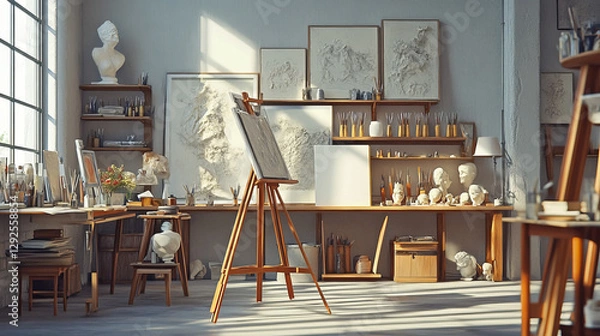 Fototapeta Art studio room interior with painting tools and materials. Cartoon vector illustration of creative workshop with equipment and supplies - easel and tripod stand, paper and brushes, plaster models.