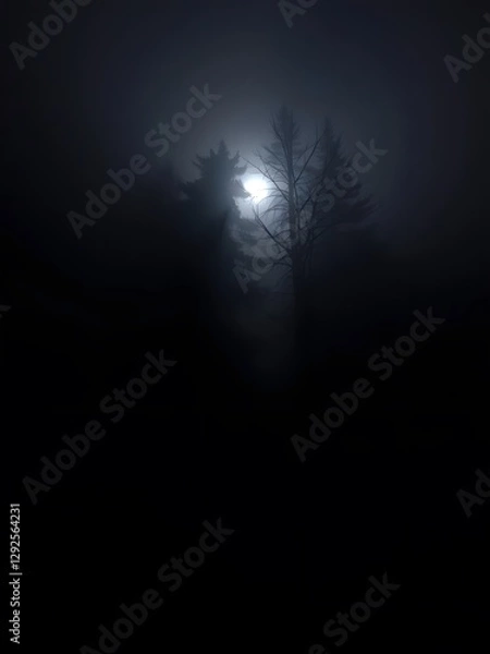 Fototapeta  A dark and fog covered forest with moonlight breaking through the trees and illuminating the mist