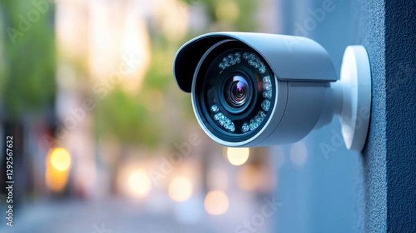 Fototapeta detailed close up of modern security camera mounted on wall, showcasing its lens and LED lights, with blurred urban background