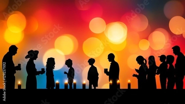 Fototapeta Silhouettes of people gathered around candlelit decorations, embracing traditions, and celebrating unity
