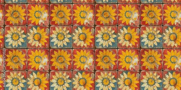 Fototapeta Vintage ceramic sunflower tiles with weathered texture and bright colors