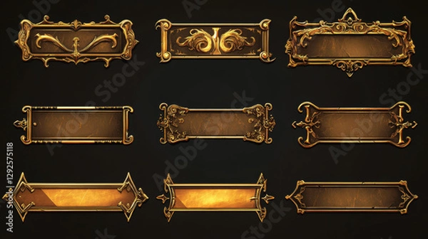 Fototapeta Medieval buttons, ui game menu elements, gold oblong banners with decorated ornate rims. Empty royal gui bars for rpg or arcade, golden borders, web design interface Cartoon 2d vector illustration set