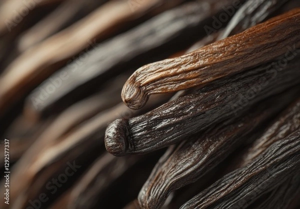 Fototapeta Close-up of Organic Vanilla Pods Stacked Together Highlighting the Rich Texture and Color of the Natural Ingredient for Culinary Use and Flavoring